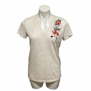 Moon River Cream V-Neck Short Sleeve Tee with Floral Embroidery